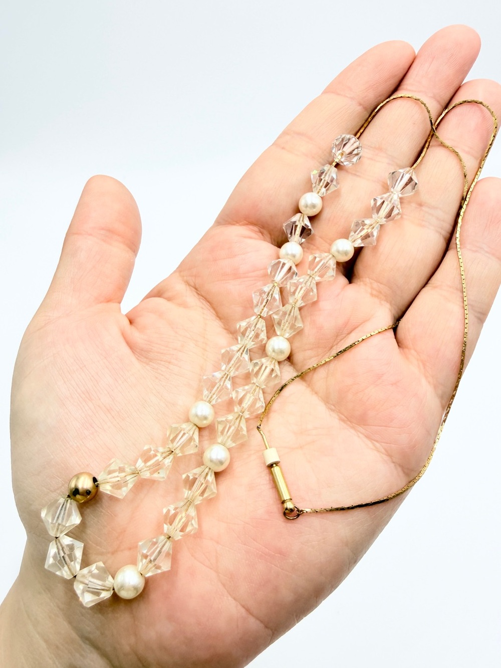 Vintage Crystal & Faux Pearl Beaded Necklace with Gold Tone Pin Clasp